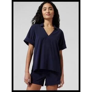 Athleta Preppy Tennis Core Collared Short Sleeve Vneck Northbound Top Navy L
